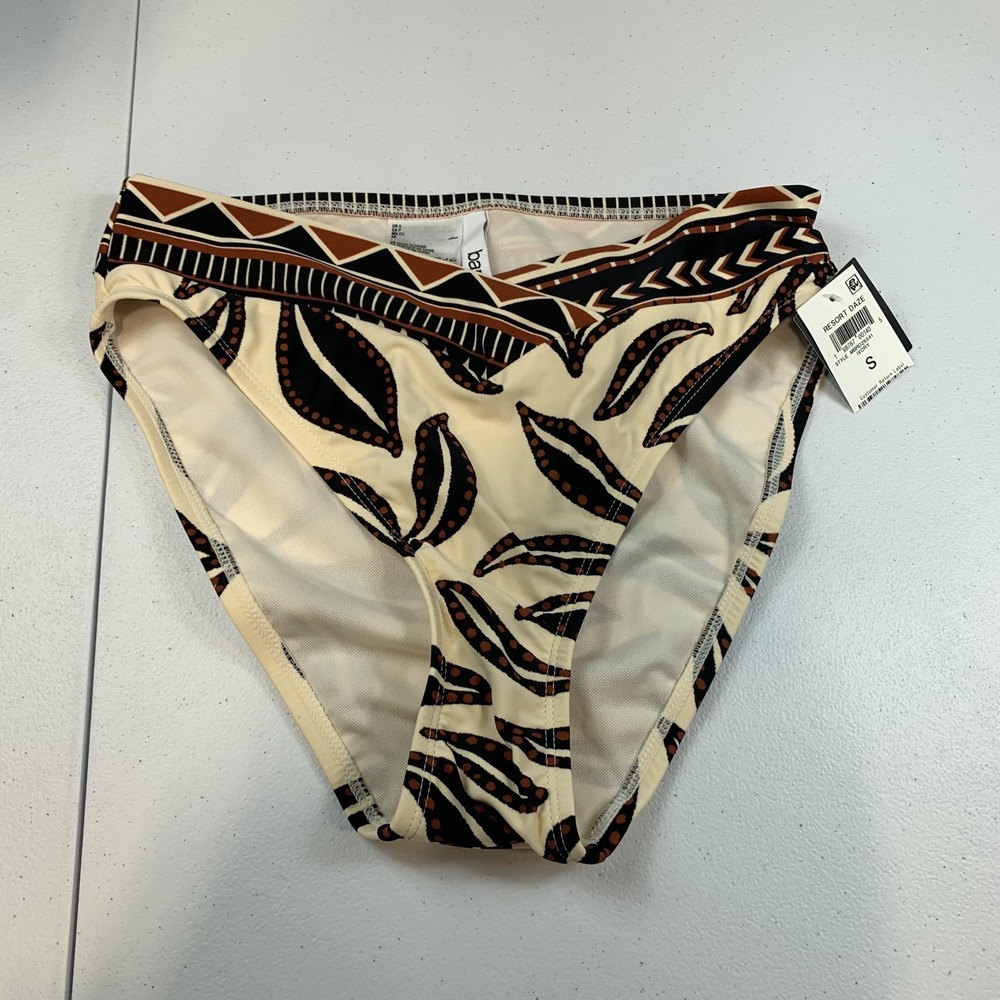 Bar III Women's Swim Bikini Bottoms S Ivory Brown Tribal Tropical High Waist